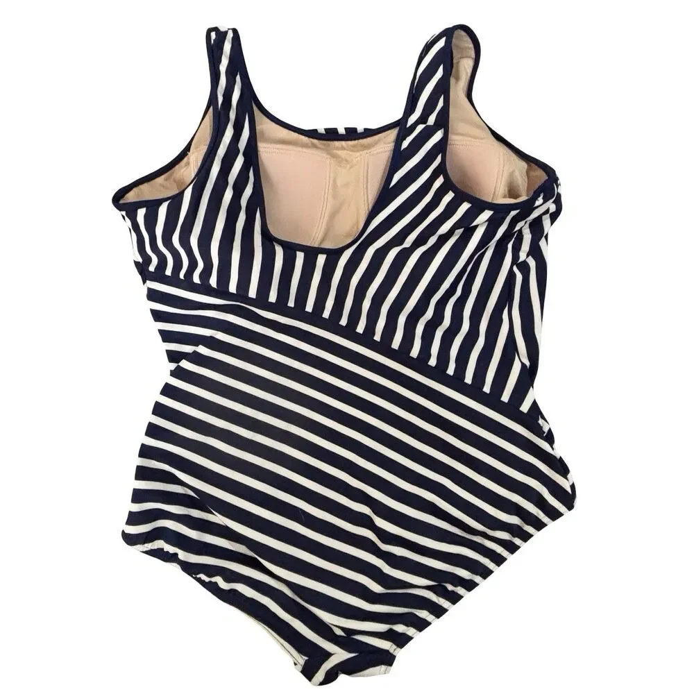 Land's End Plus Size Tugless One Pc Swimsuit Lined Black White Striped